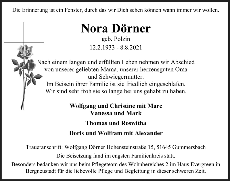  Traueranzeige für Nora Dörner vom 20.08.2021 aus  Anzeigen Echo 