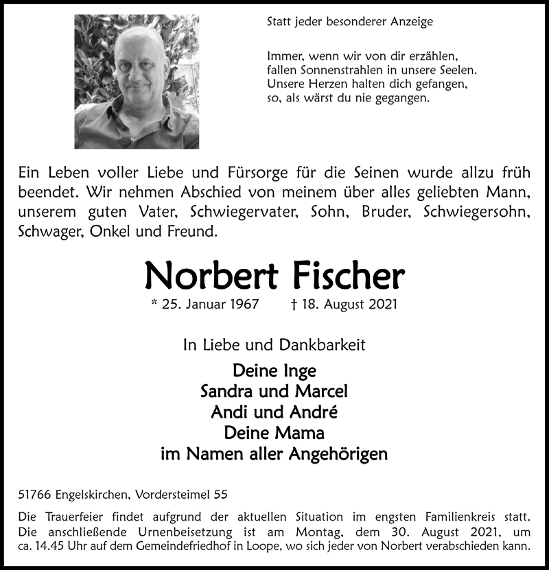  Traueranzeige für Norbert Fischer vom 27.08.2021 aus  Bergisches Handelsblatt  Anzeigen Echo 