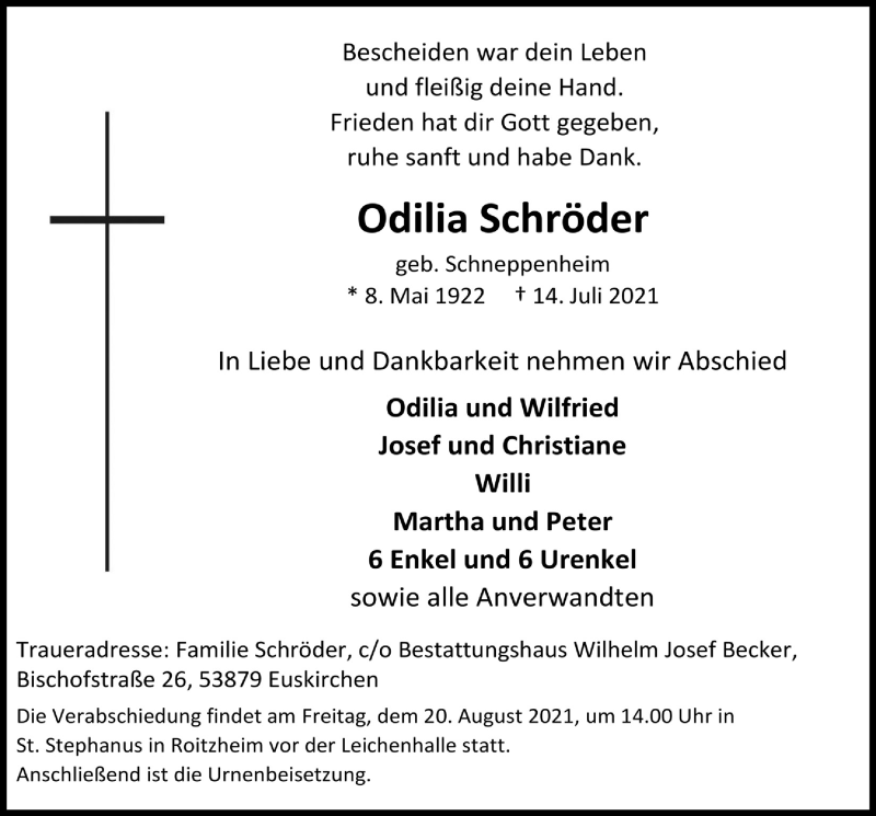  Traueranzeige für Odilia Schröder vom 14.08.2021 aus  Blickpunkt Euskirchen 