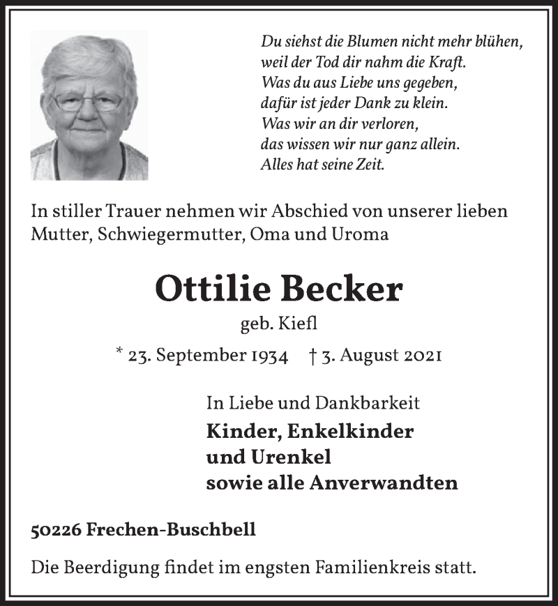  Traueranzeige für Ottilie Becker vom 06.08.2021 aus  Wochenende 