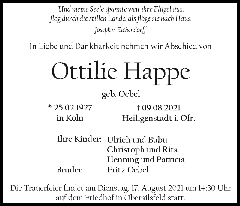  Traueranzeige für Ottilie Happe vom 14.08.2021 aus Kölner Stadt-Anzeiger / Kölnische Rundschau / Express