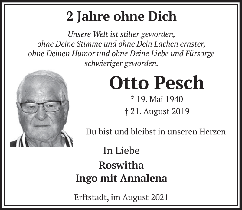  Traueranzeige für Otto Pesch vom 20.08.2021 aus  Werbepost 