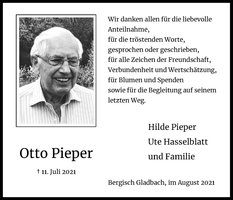  Traueranzeige für Otto Pieper vom 28.08.2021 aus Kölner Stadt-Anzeiger / Kölnische Rundschau / Express