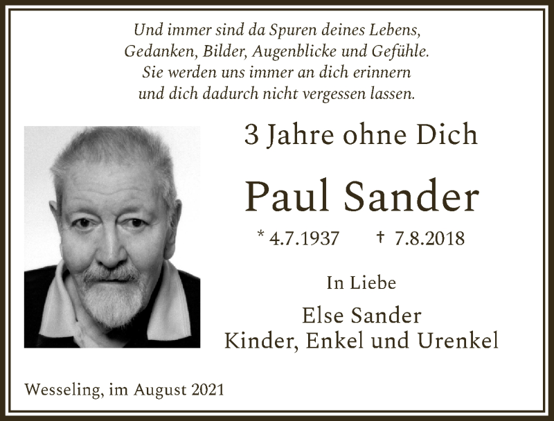  Traueranzeige für Paul Sander vom 06.08.2021 aus  Schlossbote/Werbekurier 