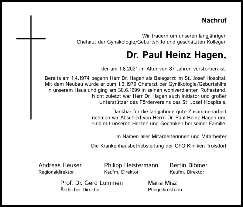  Traueranzeige für Paul Heinz Hagen vom 21.08.2021 aus Kölner Stadt-Anzeiger / Kölnische Rundschau / Express