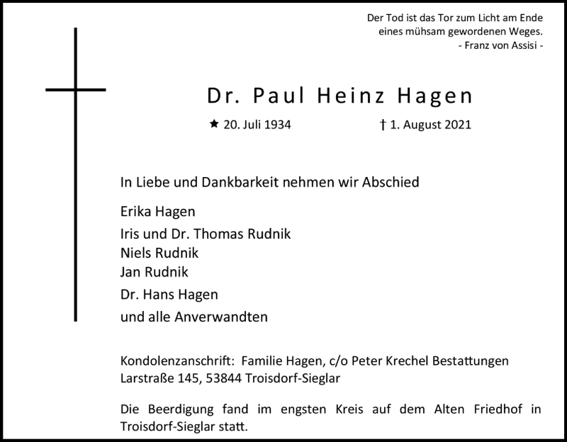  Traueranzeige für Paul Heinz Hagen vom 21.08.2021 aus Kölner Stadt-Anzeiger / Kölnische Rundschau / Express
