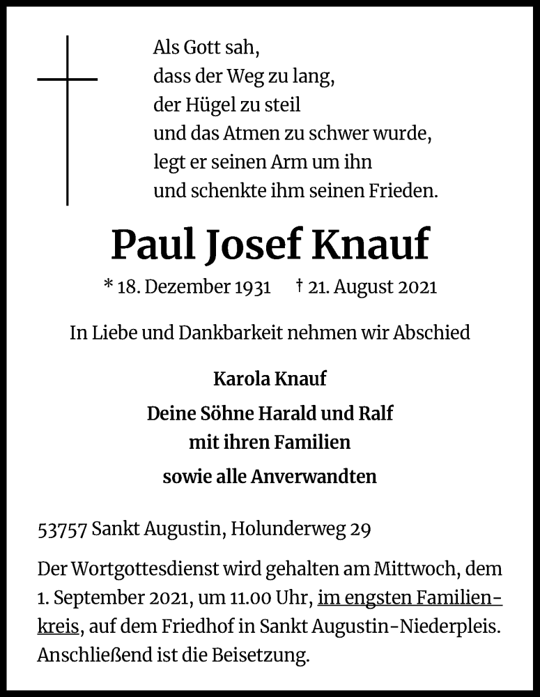  Traueranzeige für Paul Josef Knauf vom 28.08.2021 aus Kölner Stadt-Anzeiger / Kölnische Rundschau / Express
