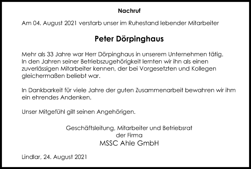  Traueranzeige für Peter Dörpinghaus vom 28.08.2021 aus Kölner Stadt-Anzeiger / Kölnische Rundschau / Express