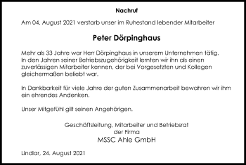 Anzeige von Peter Dörpinghaus von Kölner Stadt-Anzeiger / Kölnische Rundschau / Express