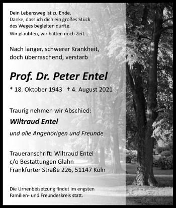 Anzeige von Peter Entel von Kölner Stadt-Anzeiger / Kölnische Rundschau / Express