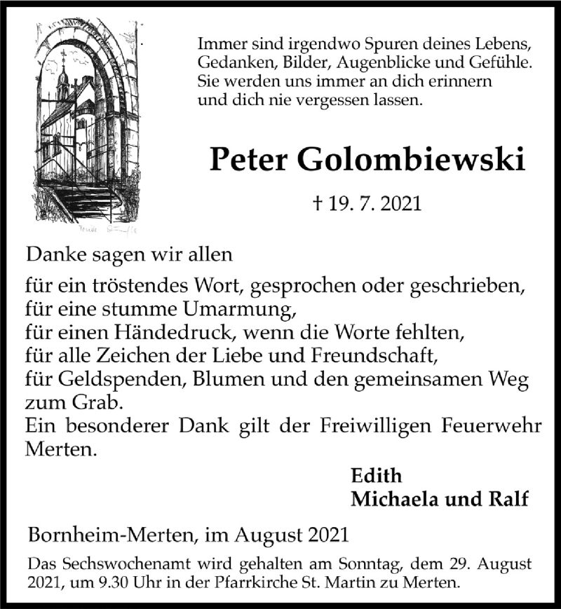  Traueranzeige für Peter Golombiewski vom 20.08.2021 aus  Schlossbote/Werbekurier 