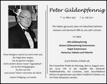 Anzeige von Peter Güldenpfennig von Kölner Stadt-Anzeiger / Kölnische Rundschau / Express