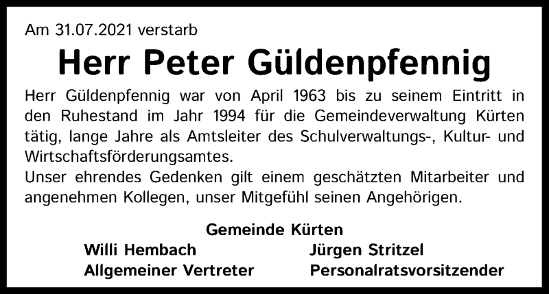  Traueranzeige für Peter Güldenpfennig vom 09.08.2021 aus Kölner Stadt-Anzeiger / Kölnische Rundschau / Express