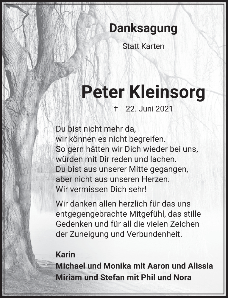  Traueranzeige für Peter Kleinsorg vom 20.08.2021 aus  Wochenende 