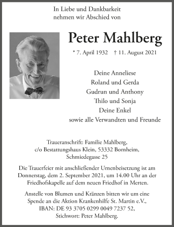 Anzeige von Peter Mahlberg von  Schaufenster/Blickpunkt 