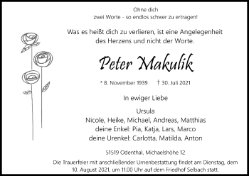 Anzeige von Peter Makulik von Kölner Stadt-Anzeiger / Kölnische Rundschau / Express