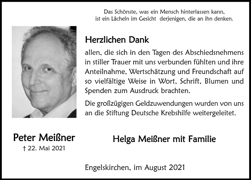  Traueranzeige für Peter Meißner vom 13.08.2021 aus  Anzeigen Echo 