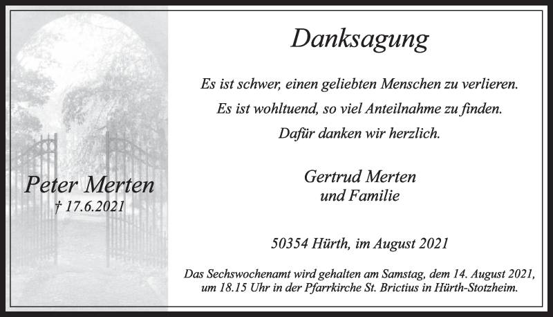  Traueranzeige für Peter Merten vom 06.08.2021 aus  Wochenende 