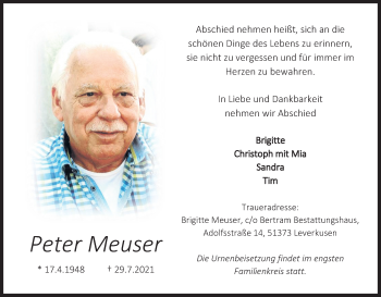 Anzeige von Peter Meuser von Kölner Stadt-Anzeiger / Kölnische Rundschau / Express