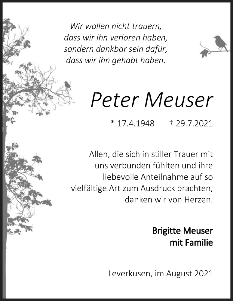  Traueranzeige für Peter Meuser vom 28.08.2021 aus Kölner Stadt-Anzeiger / Kölnische Rundschau / Express