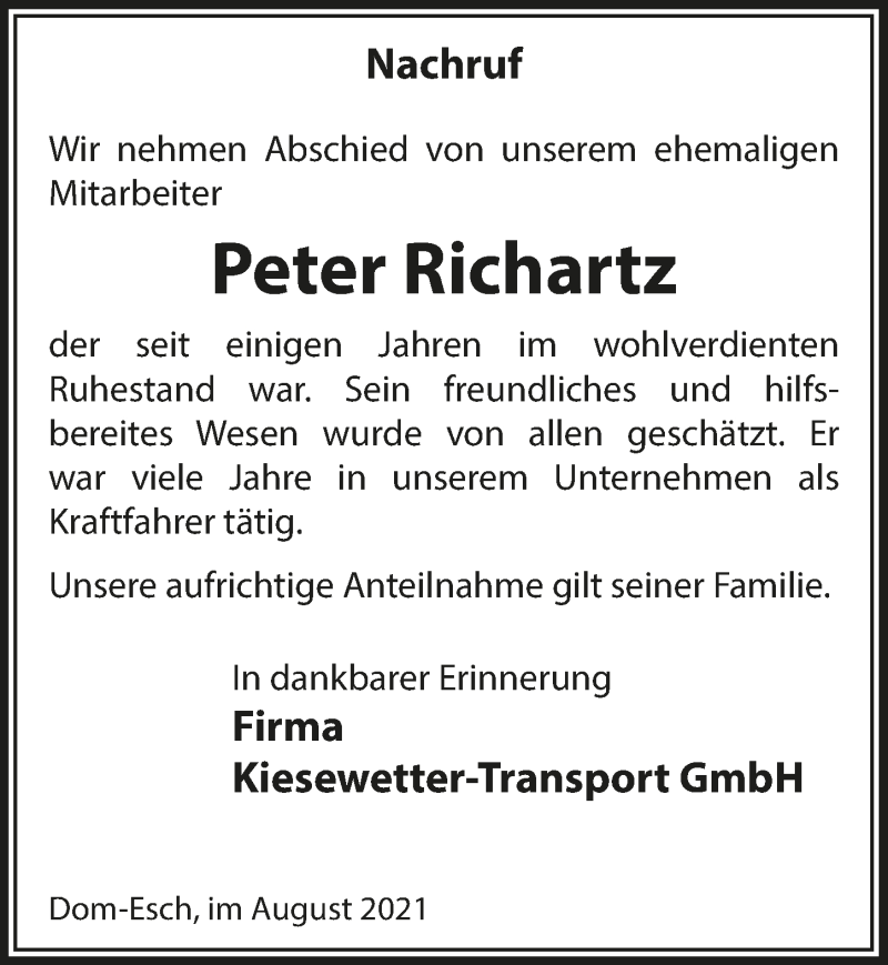  Traueranzeige für Peter Richartz vom 14.08.2021 aus  Blickpunkt Euskirchen 