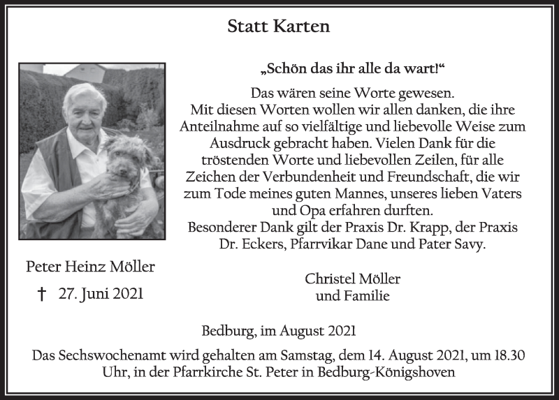  Traueranzeige für Peter Heinz Möller vom 06.08.2021 aus  Werbepost 