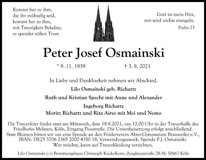  Traueranzeige für Peter Josef Osmainski vom 11.08.2021 aus Kölner Stadt-Anzeiger / Kölnische Rundschau / Express