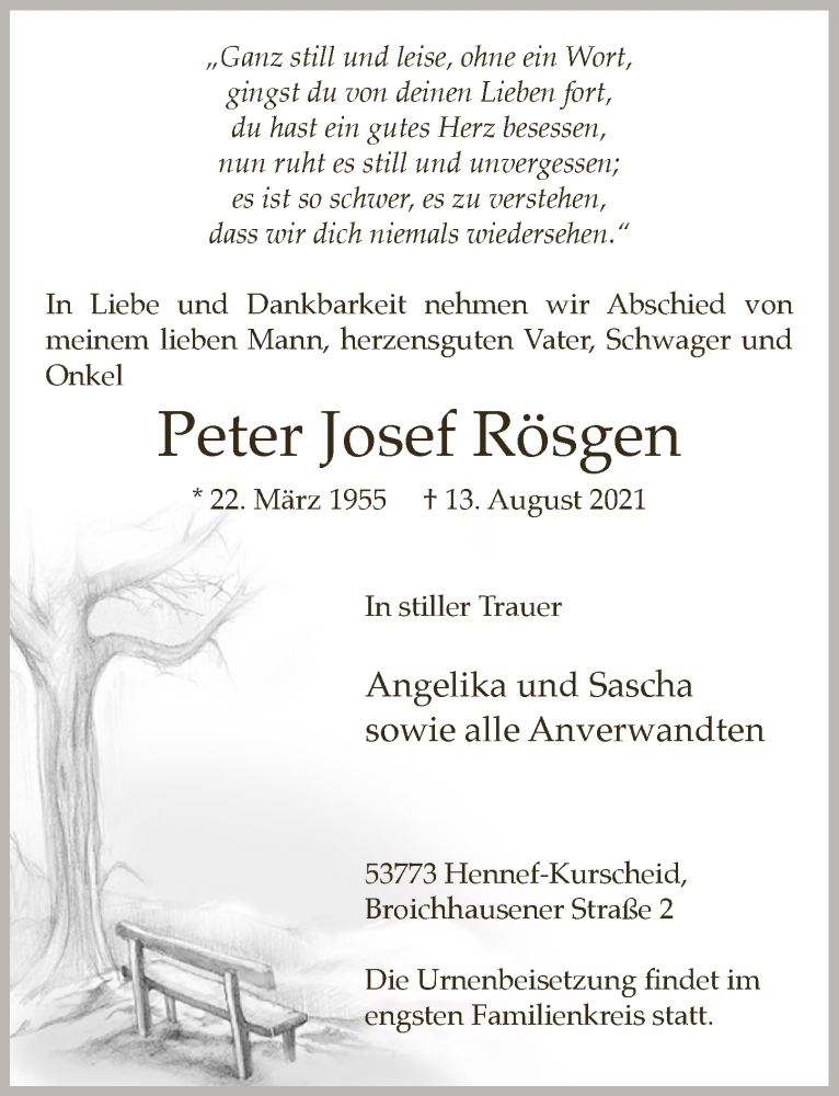  Traueranzeige für Peter Josef Rösgen vom 20.08.2021 aus  Extra Blatt 