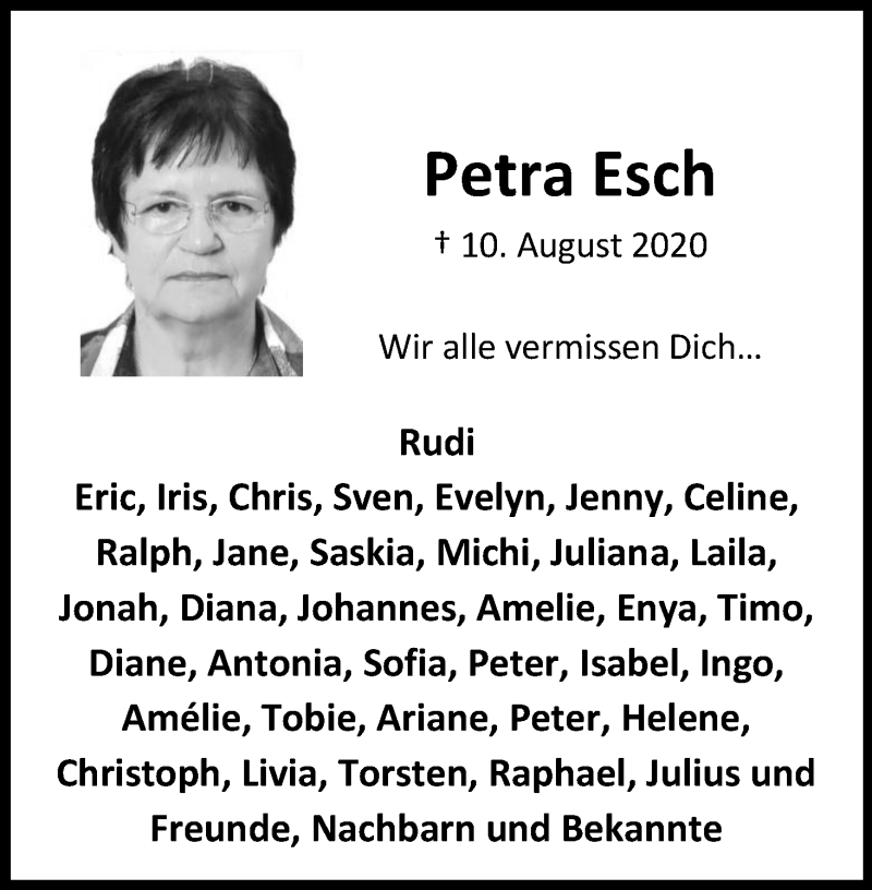  Traueranzeige für Petra Esch vom 10.08.2021 aus Kölner Stadt-Anzeiger / Kölnische Rundschau / Express