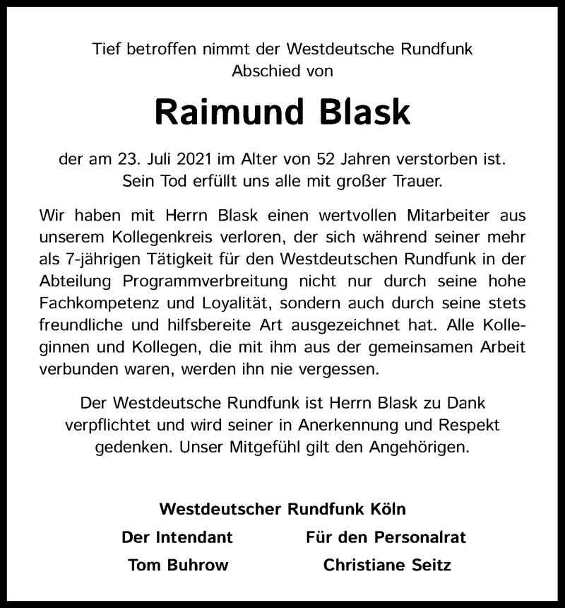  Traueranzeige für Raimund Blask vom 04.08.2021 aus Kölner Stadt-Anzeiger / Kölnische Rundschau / Express