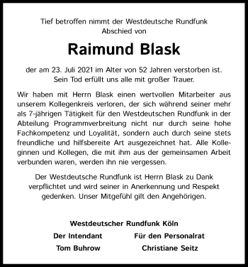 Anzeige von Raimund Blask von Kölner Stadt-Anzeiger / Kölnische Rundschau / Express