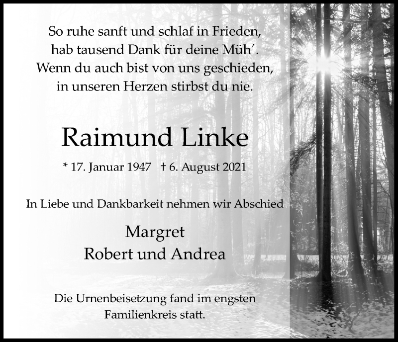  Traueranzeige für Raimund Linke vom 21.08.2021 aus Kölner Stadt-Anzeiger / Kölnische Rundschau / Express