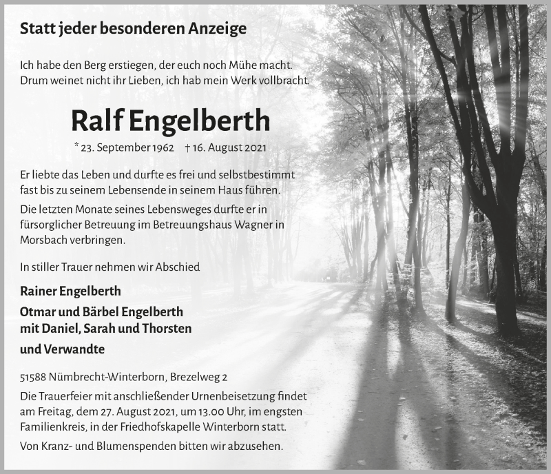  Traueranzeige für Ralf Engelberth vom 20.08.2021 aus  Lokalanzeiger 