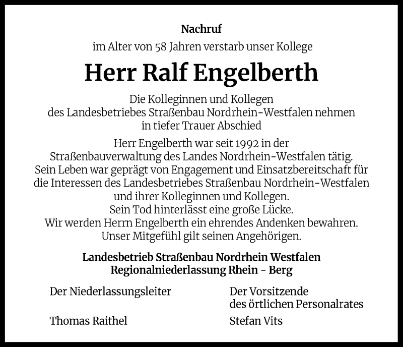  Traueranzeige für Ralf Engelberth vom 28.08.2021 aus Kölner Stadt-Anzeiger / Kölnische Rundschau / Express