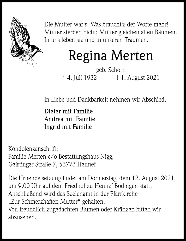  Traueranzeige für Regina Merten vom 07.08.2021 aus Kölner Stadt-Anzeiger / Kölnische Rundschau / Express