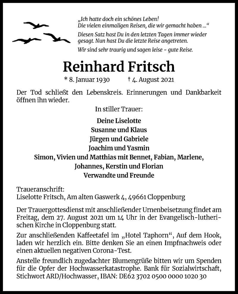  Traueranzeige für Reinhard Fritsch vom 14.08.2021 aus Kölner Stadt-Anzeiger / Kölnische Rundschau / Express