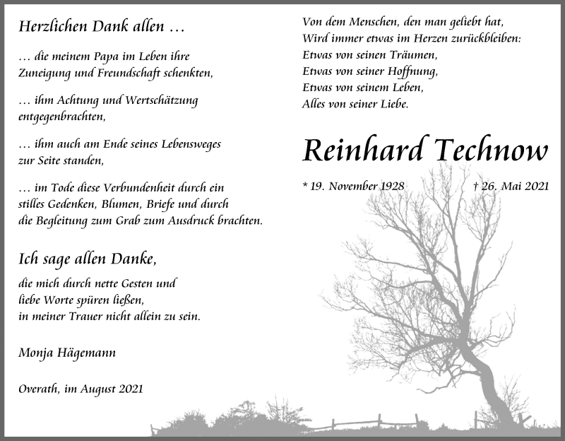  Traueranzeige für Reinhard Technow vom 07.08.2021 aus Kölner Stadt-Anzeiger / Kölnische Rundschau / Express