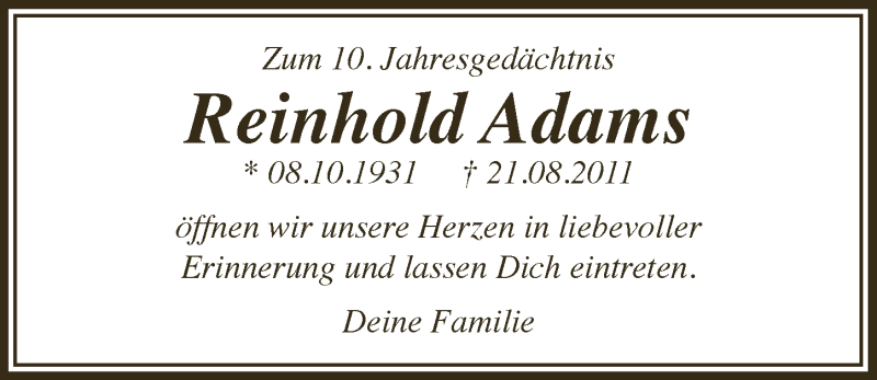  Traueranzeige für Reinhold Adams vom 20.08.2021 aus  Lokale Informationen 