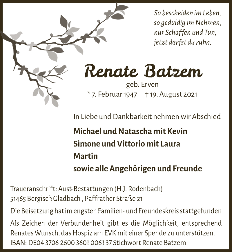  Traueranzeige für Renate Batzem vom 27.08.2021 aus  Bergisches Handelsblatt 