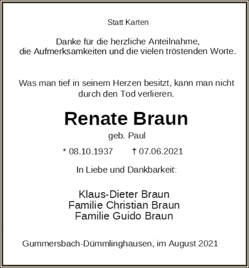  Traueranzeige für Renate Braun vom 27.08.2021 aus  Anzeigen Echo 