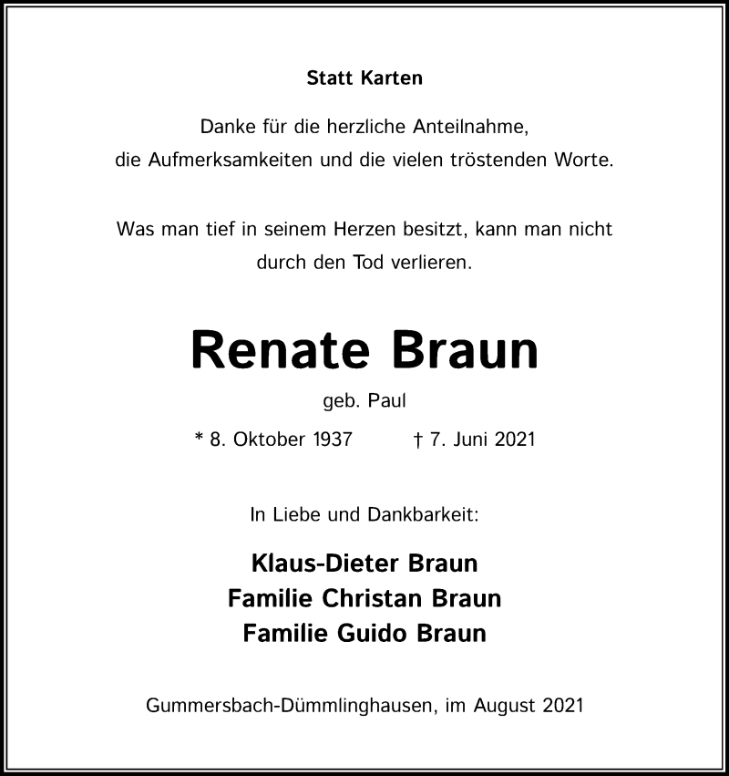  Traueranzeige für Renate Braun vom 24.08.2021 aus Kölner Stadt-Anzeiger / Kölnische Rundschau / Express