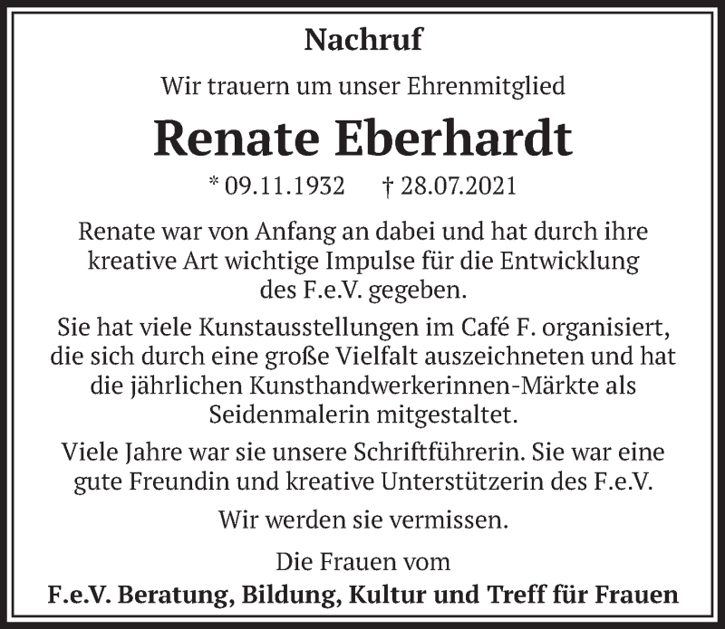  Traueranzeige für Renate Eberhardt vom 20.08.2021 aus  Wochenende 