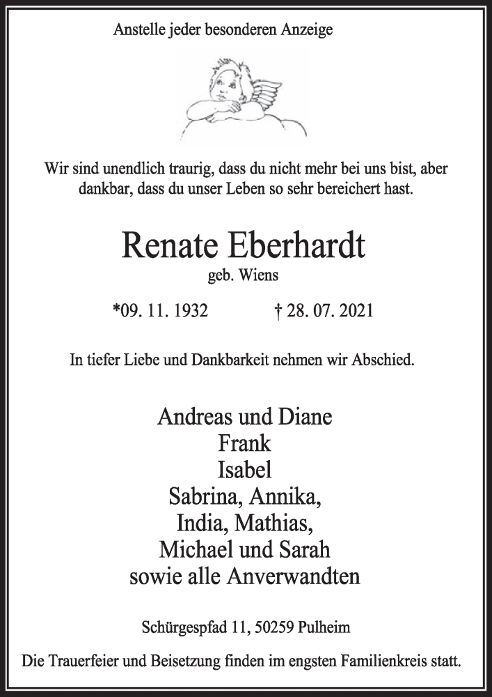  Traueranzeige für Renate Eberhardt vom 06.08.2021 aus  Wochenende 