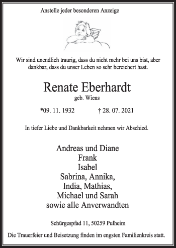 Anzeige von Renate Eberhardt von  Wochenende 