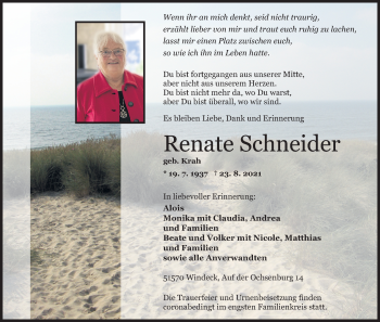 Anzeige von Renate Schneider von Kölner Stadt-Anzeiger / Kölnische Rundschau / Express