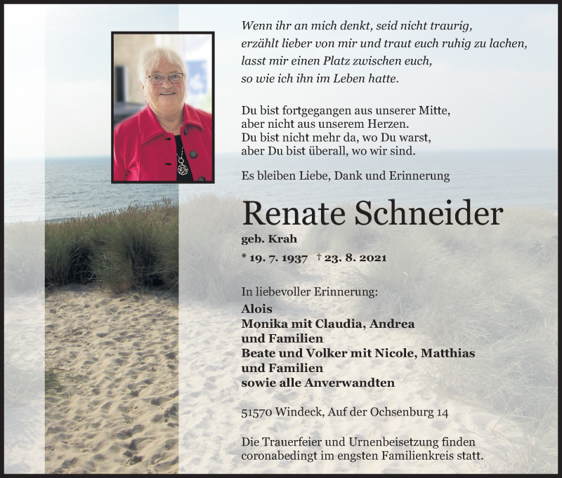  Traueranzeige für Renate Schneider vom 28.08.2021 aus Kölner Stadt-Anzeiger / Kölnische Rundschau / Express