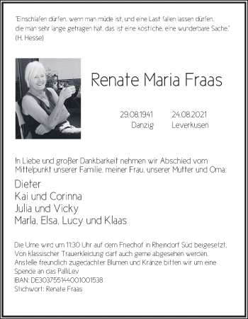 Anzeige von Renate Maria Fraas von Kölner Stadt-Anzeiger / Kölnische Rundschau / Express