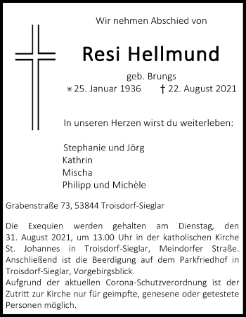 Anzeige von Resi Hellmund von Kölner Stadt-Anzeiger / Kölnische Rundschau / Express