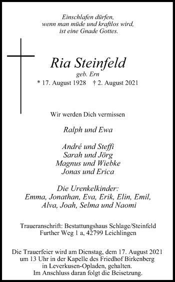 Anzeige von Ria Steinfeld von Kölner Stadt-Anzeiger / Kölnische Rundschau / Express