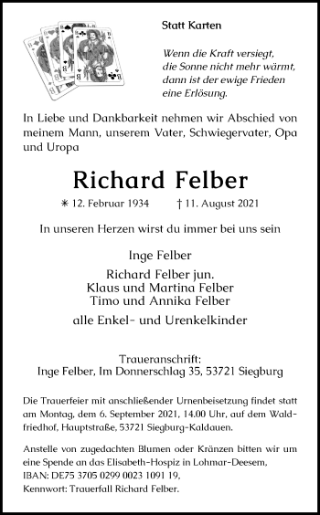 Anzeige von Richard Felber von Kölner Stadt-Anzeiger / Kölnische Rundschau / Express